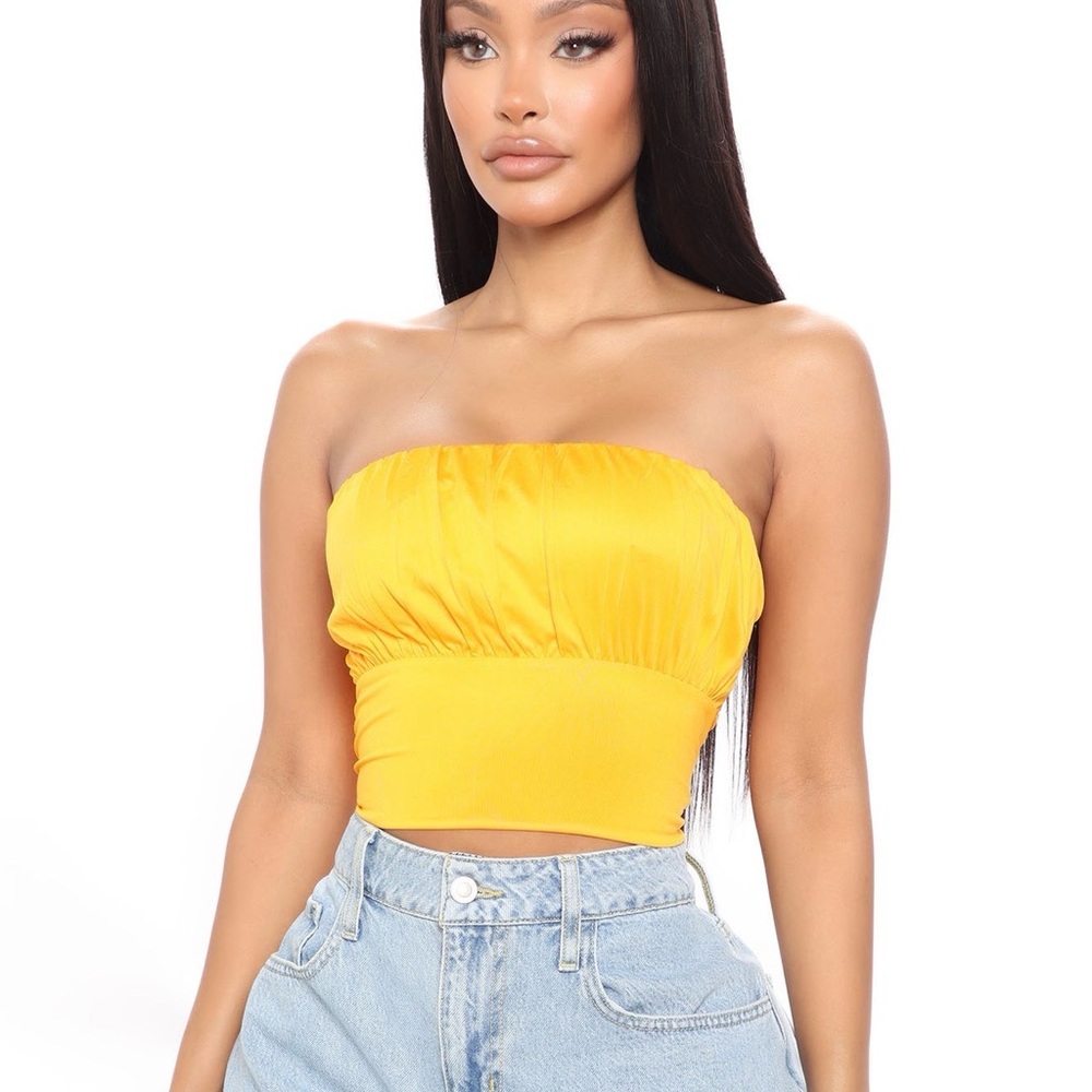 Fashion Nova Yellow Strapless Ruched Crop Top